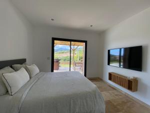 1 dormitorio con 1 cama grande y TV en Villa de charme avec piscine à Ajaccio, en Alata