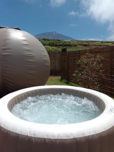 una gran bañera de hidromasaje en un patio trasero con una pelota de ejercicio en Hotel burbuja Finca Esferas, en Santa Cruz de Tenerife