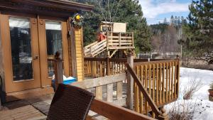 a porch of a log cabin in the snow at Chalet - Les Tourterelles - très agréable pour couple et famille . in Saint Come