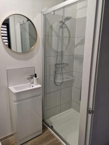 a bathroom with a shower with a sink and a mirror at LOLO PROPERTIES 2, Free Parking in Edinburgh