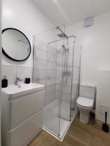 a bathroom with a glass shower and a toilet at LOLO PROPERTIES 2, Free Parking in Edinburgh
