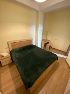 1 dormitorio con 1 cama con manta verde en Lovely and cozy apartment! en Kutaisi