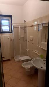 y baño con ducha, aseo y lavamanos. en Casa Maria Orosei-Cala Liberotto, en Cala Liberotto