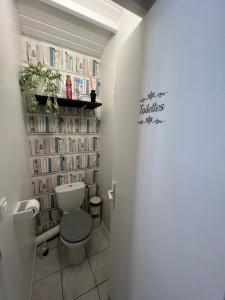 a bathroom with a toilet and a shelf with books at petite maison cosy avec exterieur in Marseille