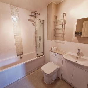 uma casa de banho com um WC, um lavatório e um chuveiro em Private one bedroom apartment with garden and parking em Thame