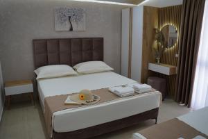 a bedroom with a large bed and a mirror at Apartments Costa Azzurra in Velipojë
