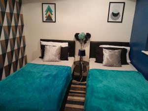 two beds in a room with blue and green sheets at DaFolSuite Luxury Stay - Free WiFi with Netflix Entertainment in Tilbury
