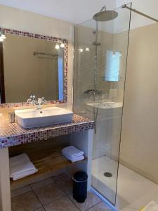 La salle de bains est pourvue d'un lavabo et d'une douche en verre. dans l'établissement Sole e Mare, à Galéria