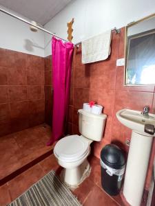 a bathroom with a toilet and a sink at Corcovado Adventures in Drake