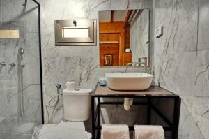 a bathroom with a sink and a toilet and a mirror at פינה במעיין in Mishmār Hāyardin +48 photos