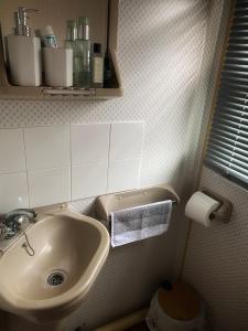 a bathroom with a sink and a toilet at Family 5 beds static caravan in Lincolnshire