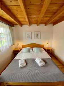 利普托斯基米庫拉斯的住宿－Chata 107 Tatralandia Village，一间卧室配有一张大床和两个枕头