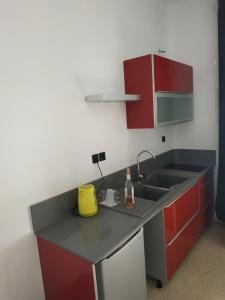 a kitchen with a sink and red cabinets at Enalion residences in Tinos +59 photos