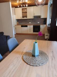 un vase avec une fleur sur une table dans une cuisine dans l'établissement 2-Zimmer Ferienwohnung-Einklang im schönen Südschwarzwald, à Todtnau