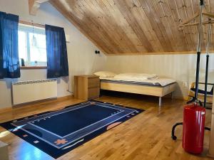 a room with a bed and a pool table at Fjällstuga i avskildhet in Idre