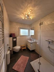 a bathroom with a toilet and a sink and a shower at Bi Abbas Jong in Freudenberg