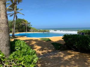 a swimming pool next to a beach with palm trees at Playa Parguito Margarita in Aricagua