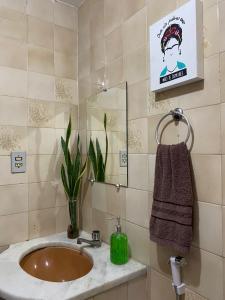 een badkamer met een wastafel en een spiegel bij Refúgio Urbano in Campina Grande