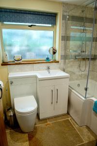 a bathroom with a toilet and a sink and a window at Loxleys Lodge in Newark upon Trent