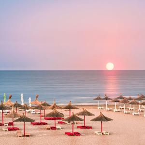 a beach with many umbrellas and chairs and the ocean at Seaside Home Apartment in Mangalia