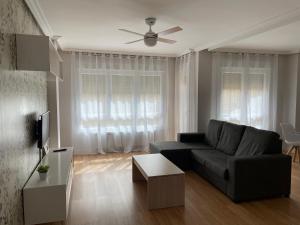 sala de estar con sofá negro y ventilador de techo en Apartamento Cuatro Estaciones, en Calahorra