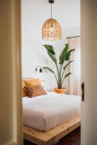 a bedroom with a bed and a potted plant at Kodu Lodge - spacious 2 storey coastal home with balcony, sea view, garden & BBQ in Santo Isidoro