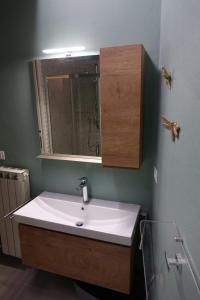 ein Badezimmer mit einem weißen Waschbecken und einem Spiegel in der Unterkunft La dimora Blu in Parma