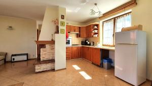a kitchen with a refrigerator and a fireplace at Dom letniskowy Narie in Morąg