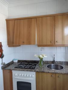 a kitchen with a white stove and a sink at Apartamento en San Vicente de O Grove in O Grove