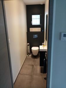 La petite salle de bains est pourvue de toilettes et d'un lavabo. dans l'établissement Logement complet - Un Air de campagne, à Montauban