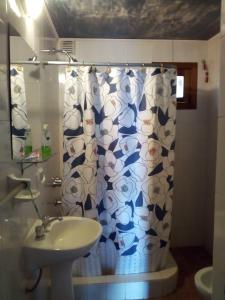 a bathroom with a shower curtain with a sink at LUZ DE LUNA 2 in San Carlos de Bariloche