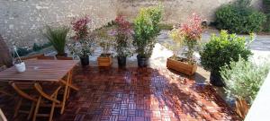 a patio with tables and potted plants and potted plants at Superbe T2 avec grande terrasse en centre ville à 5 min à pieds des Arènes de Nîmes in Nîmes