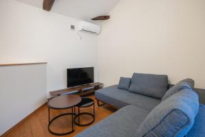 ein Wohnzimmer mit einem blauen Sofa und einem TV in der Unterkunft Coto in Miyazu