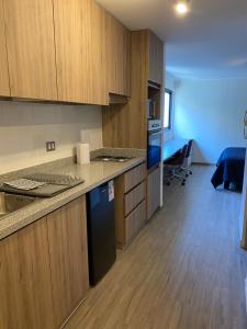a kitchen with wooden cabinets and a counter top at Increíble Departamento Studio - Centro Antofagasta in Antofagasta