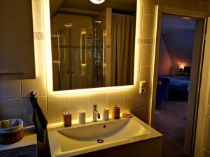 een badkamer met een wastafel en een spiegel bij Reethaus mit Meerblick- In 30 Sekunden am Strand in Boltenhagen
