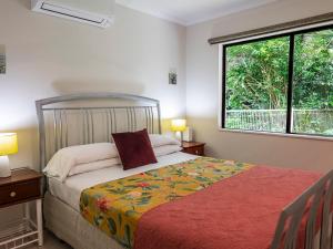 1 dormitorio con cama y ventana en Honeybee House, en Kuranda