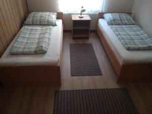 two beds in a small room with rugs on the floor at Apartment Gaja in Tolmin