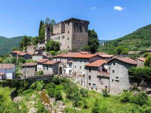 un grupo de edificios en una colina con un castillo en Elegant holiday home in the center of Fivizzano in Lunigiana, en Fivizzano