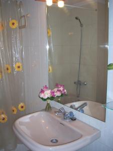 baño con lavabo, espejo y flores en Apartamentos Los Tilos, en Benasque