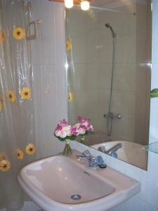 a bathroom with a sink and a mirror and flowers at Apartamentos Los Tilos in Benasque