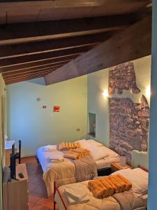 een slaapkamer met 2 bedden en een stenen muur bij In Castello in Gallicano