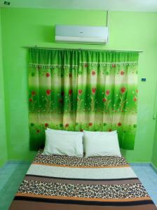 a bedroom with a bed with a green wall at D'Hiquapis Homestay in Seri Manjung