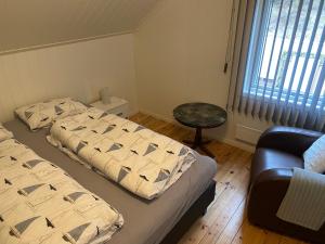 1 dormitorio con 2 camas, sofá y ventana en Sirdal en Tjørhom