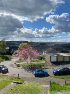two cars parked in a parking lot with a flowering tree at Dumbarton With A View in Dumbarton