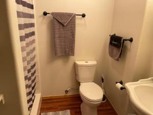a small bathroom with a toilet and a sink at Dear Love Cabin in Ruidoso +25 photos