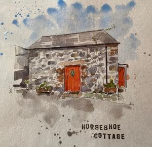 a drawing of a house with red doors and plants at Horseshoe Cottage Greyabbey in Greyabbey