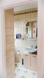 W łazience znajduje się umywalka i lustro. w obiekcie Hotel Garni Zur Traube w mieście Höhr-Grenzhausen