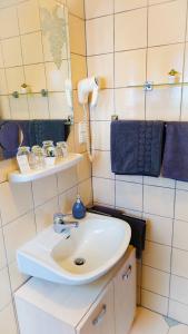uma casa de banho com um lavatório branco e um espelho. em Hotel Garni Zur Traube em Höhr-Grenzhausen