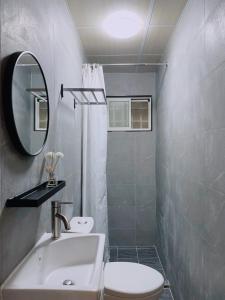 La salle de bains est pourvue d'un lavabo, de toilettes et d'un miroir. dans l'établissement Wangs Hostel, à Tainan