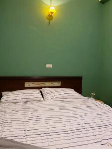 ein Schlafzimmer mit einem großen Bett und einer grünen Wand in der Unterkunft Wangs Hostel in Tainan
